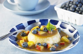 Mexican Flan with Peach and Blueberry Salsa. Foodland Ontario