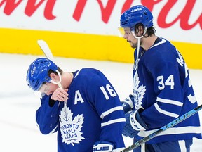 Maple Leafs forwards Mitchell Marner (left) and Auston Matthews have not performed up to expectations so far this season.
