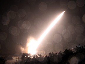 A surface-to-surface missile is fired into the sea off the east coast in this handout picture provided by the Defence Ministry, South Korea, Oct. 5, 2022.