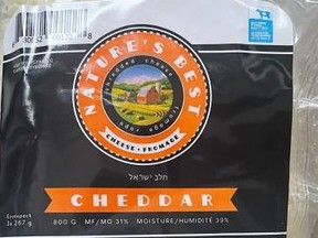 The label on a package of Nature's Best shredded cheddar cheese is pictured in this photo provided by the Canadian Food Inspection Agency.