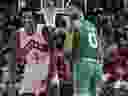 Raptors forward OG Anunoby (3) and Boston Celtics forward Jayson Tatum.
