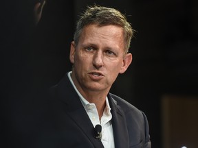 Peter Thiel speaks at the New York Times DealBook conference on November 1, 2018 in New York.