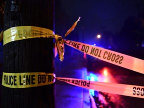 Police tape is seen in Pittsburgh on Oct. 27, 2018.