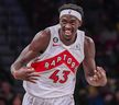 Oct 21, 2022; Brooklyn, New York, USA;  Toronto Raptors forward Pascal Siakam (43) celebrates after scoring a three pointer against the Brooklyn Nets during the third quarter at Barclays Center. Mandatory Credit: Dennis Schneidler-USA TODAY Sports