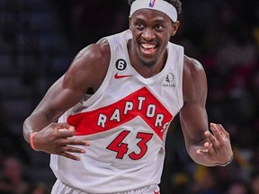Oct 21, 2022; Brooklyn, New York, USA;  Toronto Raptors forward Pascal Siakam (43) celebrates after scoring a three pointer against the Brooklyn Nets during the third quarter at Barclays Center. Mandatory Credit: Dennis Schneidler-USA TODAY Sports