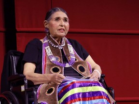 Sacheen Littlefeather speaks on stage during AMPAS Presents An Evening with Sacheen Littlefeather at Academy Museum of Motion Pictures in Los Angeles, Sept. 17, 2022.