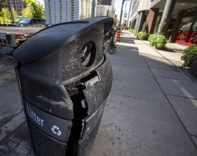 A open garbage and recycling bin along Wellesley St. W. near Yonge St. in downtown Toronto, Ont. on Wednesday, Oct. 5, 2022.