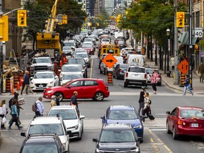 Backed up traffic on Jarvis St., at Front St. E. during the afternoon rush hour in Toronto, Ont. on Thursday, Oct. 6, 2022.