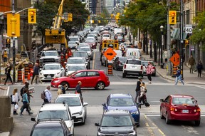 Backed up traffic on Jarvis St., at Front St. E. during the afternoon rush hour in Toronto, Ont. on Thursday, Oct. 6, 2022.