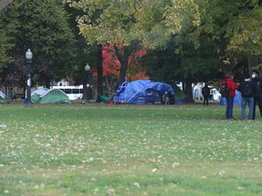 At least 35 tents, and the homeless, now fill sections of Allan Gardens and behind the conservatory. Four tents are located behind the conservatory directly beside a children's fenced-in playground on Wednesday, Oct. 19, 2022.
