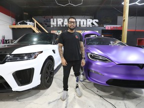 Donny Kashh was shot six times and beaten outside a bar near the  the airport. He was put into a coma for five days and woke up to find he was missing the bottom of his left leg. He fell into a depression and has now found his passion in mental health advocacy. He is pictured at his workplace, Wraptors Inc., a high-end car wrapping business, in Mississauga on Wednesday, Oct. 26, 2022.
