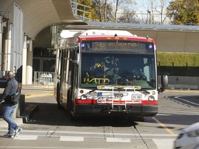 A TTC bus exits the Victoria Park subway station on Nov. 16, 2021.