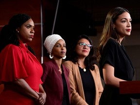 U.S. Reps Ayanna Pressley (D-MA), Ilhan Omar (D-MN), Rashida Tlaib (D-MI) and Alexandria Ocasio-Cortez (D-NY) hold a news conference on Capitol Hill in Washington, D.C., July 15, 2019.