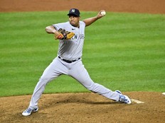 Oct 16, 2022; Cleveland, Ohio, USA; New York Yankees relief pitcher Wandy Peralta (58) throws a pitch against the Cleveland Guardians in the ninth inning during game four of the ALDS for the 2022 MLB Playoffs at Progressive Field.
