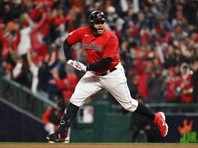 Cleveland Guardians designated hitter Josh Naylor (22) reacts after hitting a solo home run against the New York Yankees in the fourth inning during game four of the ALDS for the 2022 MLB Playoffs at Progressive Field. Mandatory Credit: Ken Blaze-USA TODAY Sports