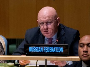 Vassily Nebenzia, Russian Ambassador to the UN, addresses members of the general assembly prior to a vote on a resolution condemning the annexation of parts of Ukraine by Russia, amid Russia's invasion of Ukraine, at the United Nations Headquarters in New York City, Wednesday, Oct. 12, 2022.