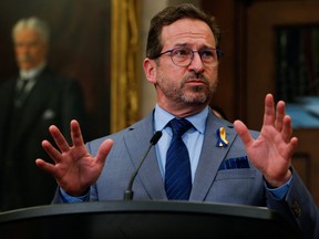 Bloc Quebecois leader Yves-Francois Blanchet reacts to the 2022-23 budget, outside the House of Commons on Parliament Hill in Ottawa, April 7, 2022.