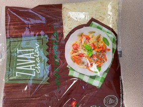 A package of Zavat Chalav shredded mozzarella cheese is pictured in this photo provided by the Canadian Food Inspection Agency.