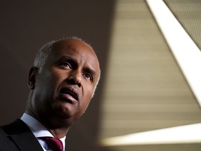 Ahmed Hussen, Minister of Housing and Diversity and Inclusion, holds a press conference on Parliament Hill in Ottawa on Monday, Oct. 3, 2022.