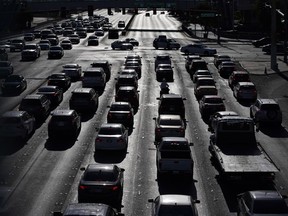 Cars wait at a red light during rush hour on the Las Vegas Strip in Las Vegas, April 22, 2021.