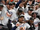 Oct 23, 2022; Bronx, New York, USA; Houston Astros celebrate defeating the New York Yankees during game four of the ALCS for the 2022 MLB Playoffs at Yankee Stadium.  