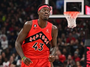 Oct 26, 2022; Toronto, Ontario, CAN; Toronto Raptors forward Pascal Siakam (43) reacts after making a basket against the Philadelphia 76ers in the first half at Scotiabank Arena.