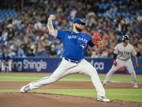 Toronto Blue Jays starting pitcher Alek Manoah (6) throws the ball during first inning AL MLB baseball action against the Boston Red Sox, in Toronto on Friday, September 30, 2022.