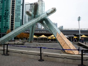 Damage to the Olympic cauldron in downtown Vancouver on Oct. 4, 2022.