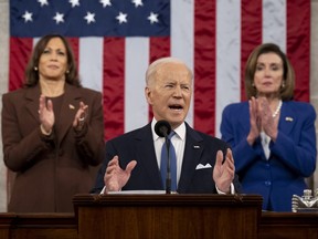 U.S. President Joe Biden delivers the State of the Union address as U.S. Vice President Kamala Harris and House Speaker Nancy Pelosi (D-CA) look on during a joint session of Congress in the U.S. Capitol House Chamber on March 1, 2022 in Washington, D.C.