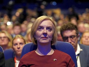 British Prime Minister Liz Truss at the Conservative Party annual conference at the International Convention Centre in Birmingham, England, Sunday, Oct. 2, 2022.
