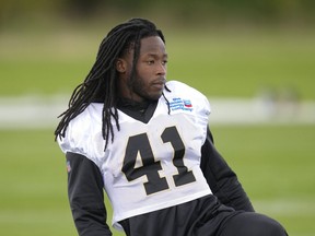 New Orleans Saints running back Alvin Kamara looks on during an NFL practice session at the London Irish rugby team training ground in Sunbury-on-Thames near London, Wednesday, Sept. 28, 2022 ahead of the NFL game against Minnesota Vikings at the Tottenham Hotspur stadium on Sunday.