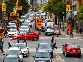 Backed-up traffic is seen on Jarvis St., at Front St. E. during the afternoon rush hour in Toronto, Ont. on Thursday, Oct. 6, 2022.