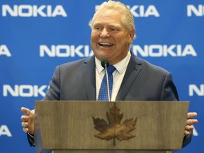 Ontario Premier Doug Ford speaks at a news conference in Ottawa announcing Nokia's $340-million project to transform its facility in Ottawa into a research and development hub to advance 5G wireless technology in Canada.