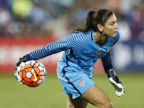 U.S. goalkeeper Hope Solo prepares to send the ball toward a teammate during an international friendly soccer match against Japan on June 2, 2016, in Commerce City, Colo.