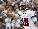 Tampa Bay Buccaneers quarterback Tom Brady (12) gestures at the line of scrimmage against the Pittsburgh Steelers during the fourth quarter at Acrisure Stadium Oct 16, 2022. Pittsburgh won 20-18.  