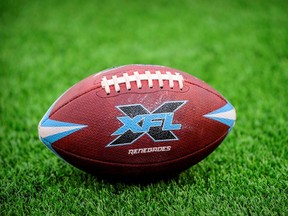 Feb 9, 2020; Arlington, Texas, USA; A view of an XFL football on the field before the game between the Dallas Renegades and the St. Louis Battlehawks at Globe Life Park.