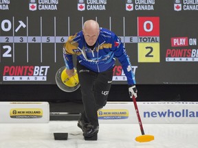 Fredericton NB, September 21, 2022.Pointsbet Invitational.Skip Glenn Howard of Coldwater On takes back his stone during his delivery during draw 2 against Felix Asselin of Quebec.