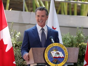Democratic California Governor Gavin Newsom, running for re-election as the Governor of California in the 2022 U.S. midterm elections, speaks during his meeting with Canada's Prime Minister Justin Trudeau at the California Science Center outside the Ninth Summit of the Americas, in Los Angeles, Calif., June 9, 2022.