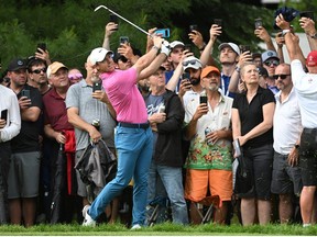 Jun 12, 2022; Etobicoke, Ontario, CAN; Rory McIlroy hits from the rough on the 17th hole during the final round of the RBC Canadian Open golf tournament.