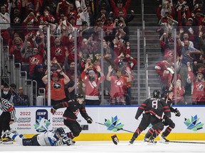 Canada celebrates the win over Finland during overtime IIHF World Junior Hockey Championship gold medal game action in Edmonton on Saturday August 20, 2022. The Halifax Regional Council says it will go ahead with hosting the IIHF World Junior Championship in Halifax and Moncton later this year.