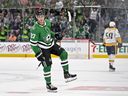 Oct 15, 2022; Dallas, Texas, USA; Dallas Stars left wing Mason Marchment (27) celebrates scoring an empty net goal during the third period against the Nashville Predators at the American Airlines Center.  