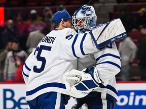 Toronto Maple Leafs goalie Ilya Samsonov (35) celebrates the win with goalie Matt Murray (30) during the third period at Bell Centre.