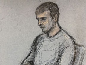 Court artist sketch of Jack Sepple appearing in the dock at Colchester Magistrates' Court accused of the murder of a 19-year-old Canadian woman who was found dead in Chelmsford.