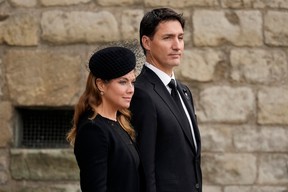 Sophie Gregoire and Prime Minister Justin Trudeau depart Westminster Abbey after the funeral service of Queen Elizabeth II on Sept. 19, 2022 in London, England. CHRISTOPHER FURLONG/GETTY IMAGES