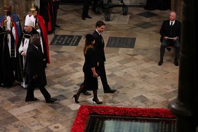 Prime Minister Justin Trudeau and wife Sophie arrive for the State Funeral of Queen Elizabeth II at Westminster Abbey on Sept. 19, 2022 in London, England. PHIL NOBLE/GETTY IMAGES