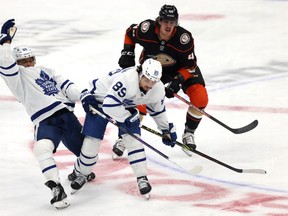 Maple Leafs' William Nylander (88) and Nicholas Robertson (89) collide in front of Anaheim Ducks' Max Comtois (44) during the first period at Honda Center on Sunday, Oct. 30, 2022.