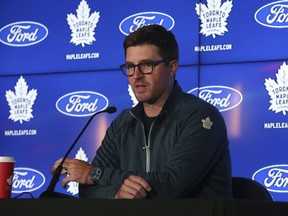 Toronto Maple Leafs GM Kyle Dubas takes the podium on Wednesday Sept. 21, 2022 to talk about the upcoming season and what to expect from the players. (Jack Boland/Toronto Sun)