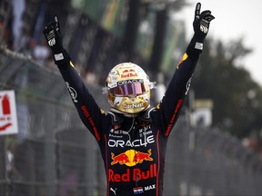 Race winner Max Verstappen of the Netherlands and Oracle Red Bull Racing celebrates in parc ferme during the F1 Grand Prix of Mexico at Autodromo Hermanos Rodriguez on Oct. 30, 2022 in Mexico City.