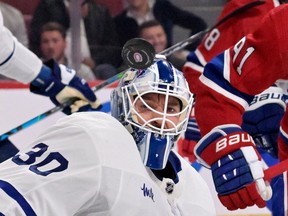 Maple Leafs goalie Matt Murray tracks the puck during the second period against the Montreal Canadiens at the Bell Centre on Wednesday, Oct. 12, 2022.