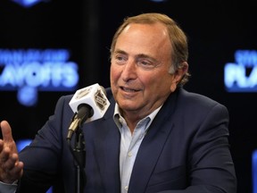 NHL Commissioner Gary Bettman talks during a news conference May 17, 2022, in Denver.